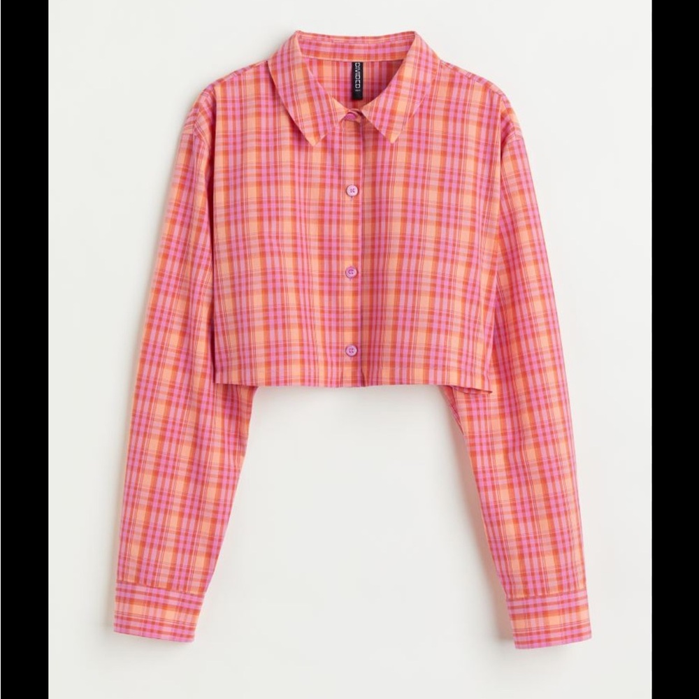 H&M Divided shirt - pink/orange plaid long sleeve cropped button front NWT